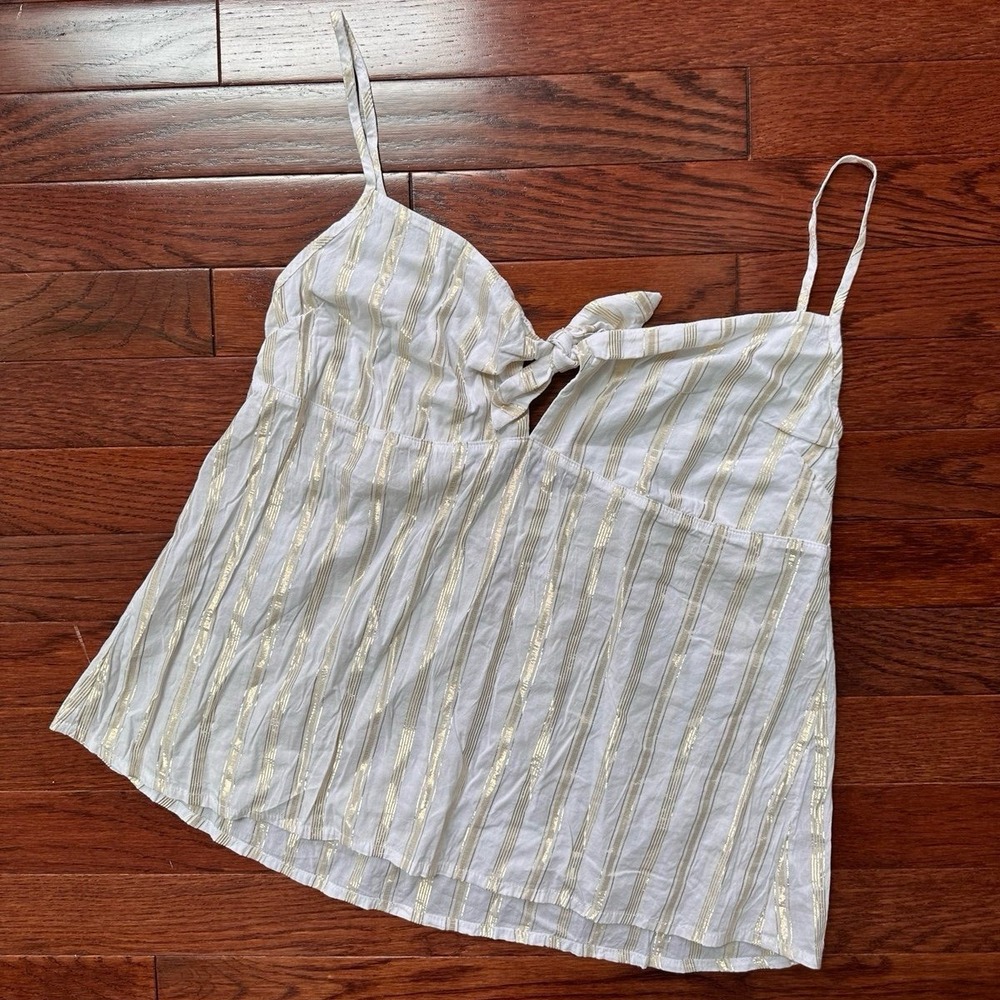 Vintage Victorias Secret White Gold Striped Front Tie Simple Cami Top